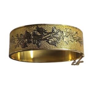 Antique Gold Filled Floral Engraved Hinged Bangle Bracelet w/ Safety Chain